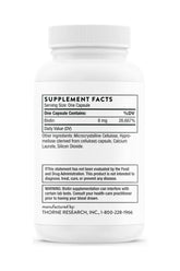Thorne Biotin supplement facts showing biotin content and daily value for hair and nail health.